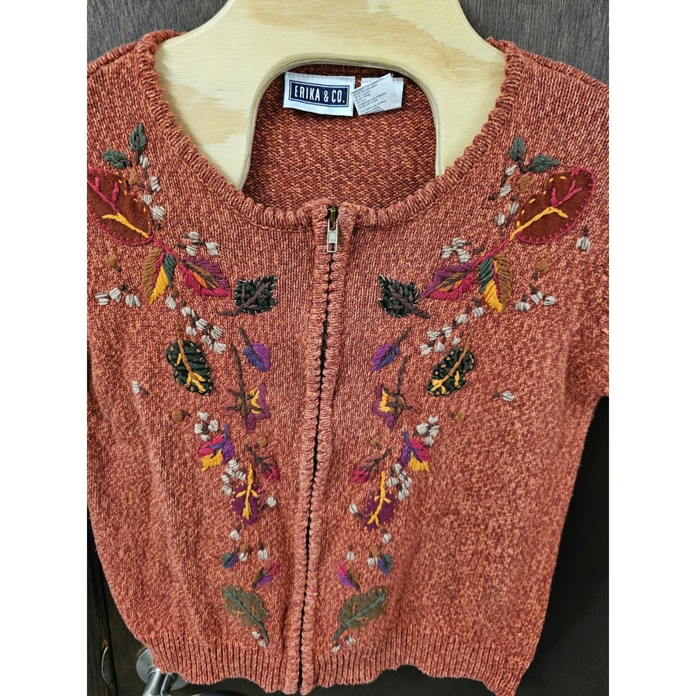 Erika & Co Womens Rust Embroidered Full Zip Cardigan Sweater Small Fall cottage - Picture 2 of 5